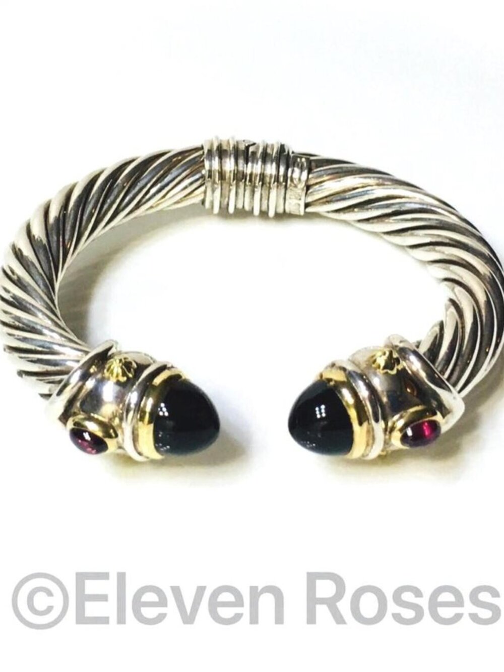 Sterling 18k Onyx Garnet Cable Cuff Torc Bracelet